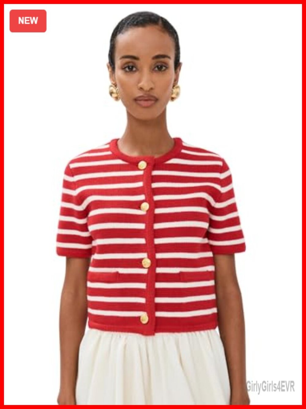 English Factory Women's Knit Striped Sweater Cardigan Short Sleeve Crew Neck